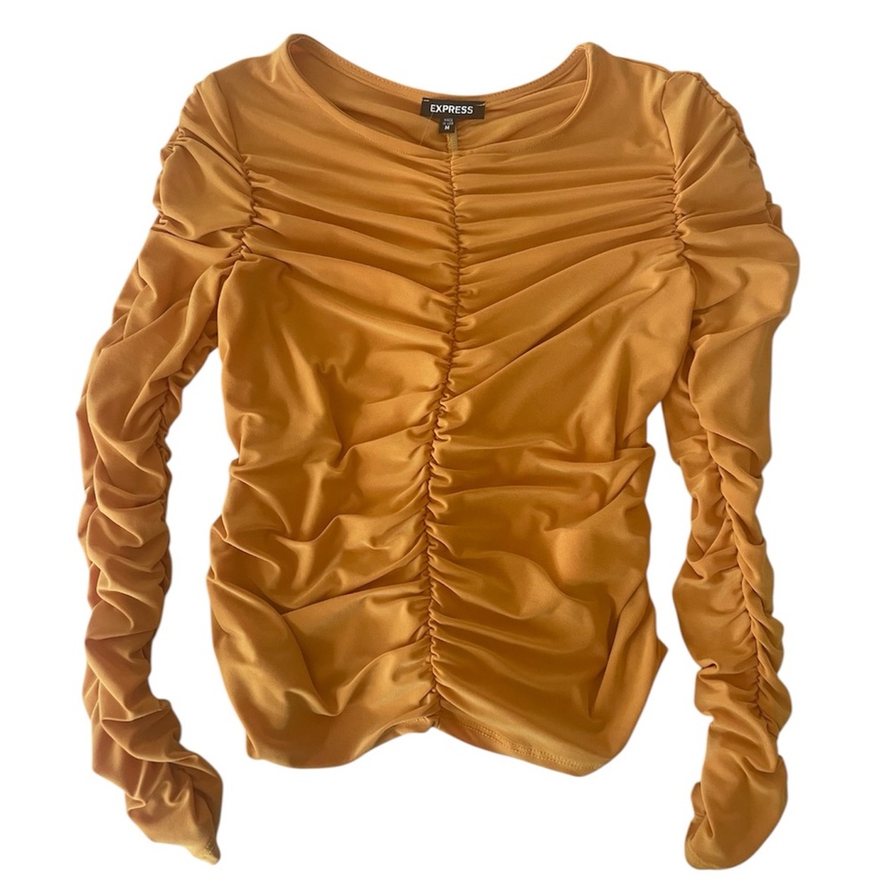 Express Satin Ruched Long Sleeve Top Gold Mustard Glam Siren Medium NWT